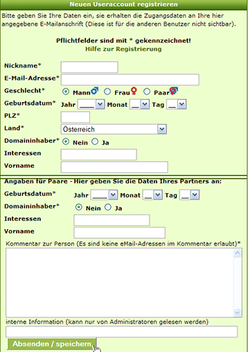 Registrieren von Userprofil und Zugangsdaten