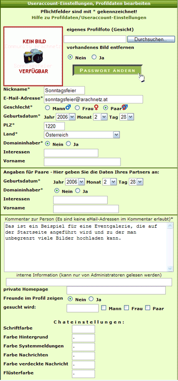Profildaten &auml;ndern / Account l&ouml;schen